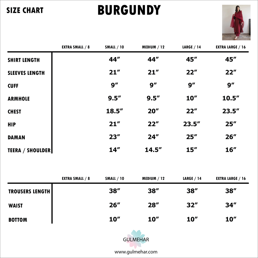 Size Chart for Burgundy | 3-pc Stitched Embroidered Outfit