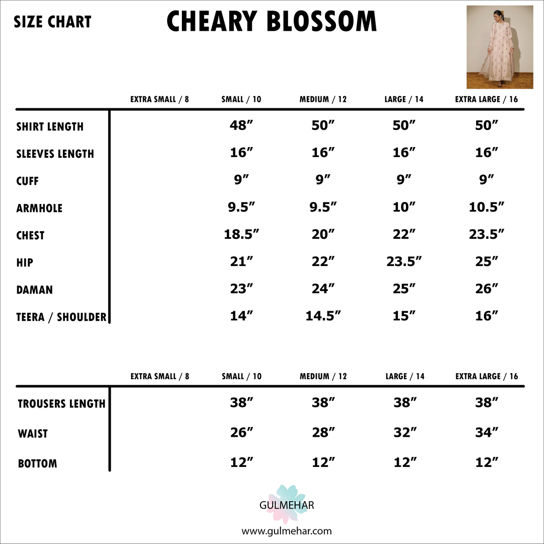 Size Chart for CHERRY BLOSSOM | 3-Pc Stitched Embroidered Outfit