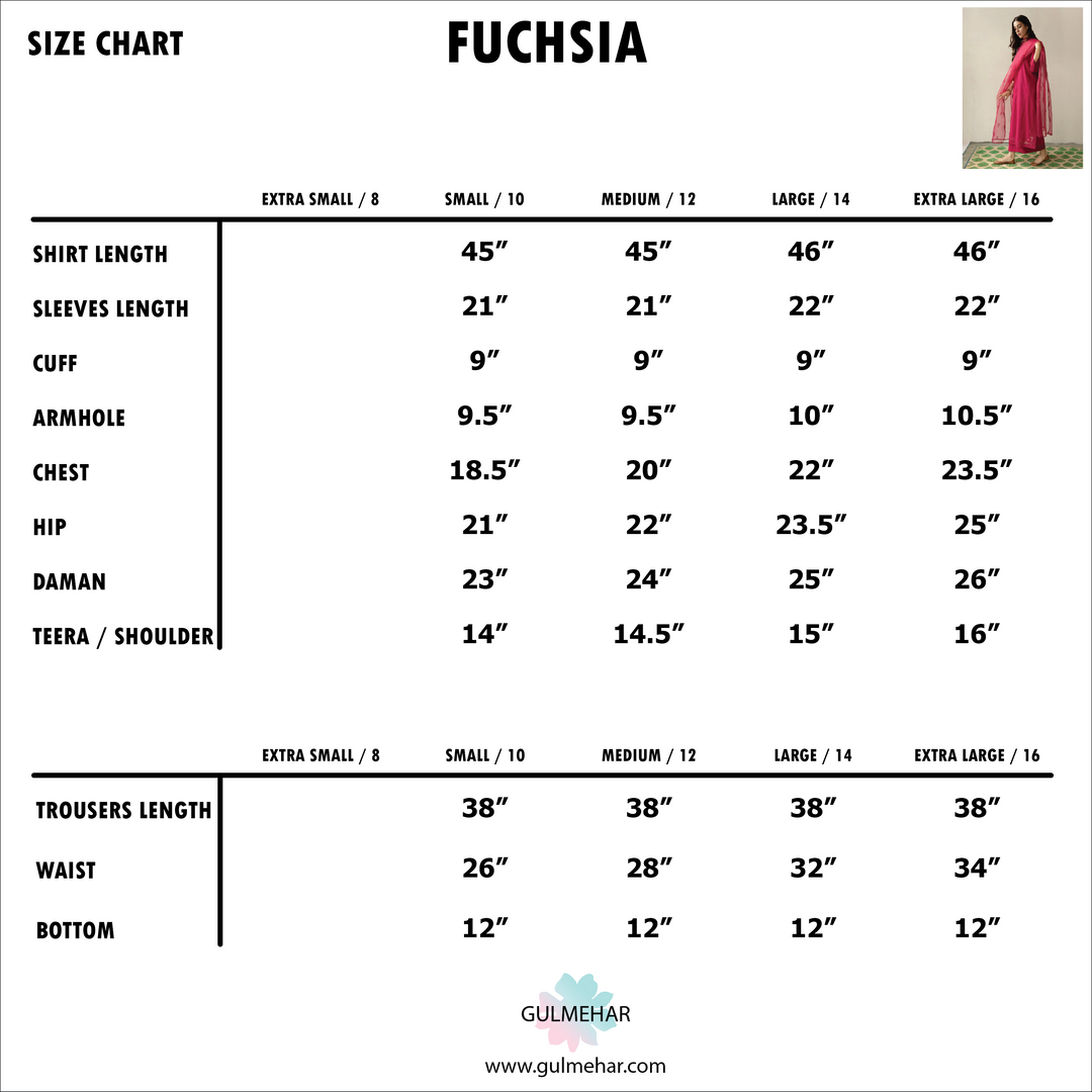 Size Chart for Fuchsia | 3-Pc stitched Embroidered Outfit