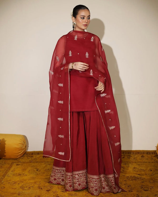 MUSHK | 3-Pc Stitched Embroidered Silk Outfit