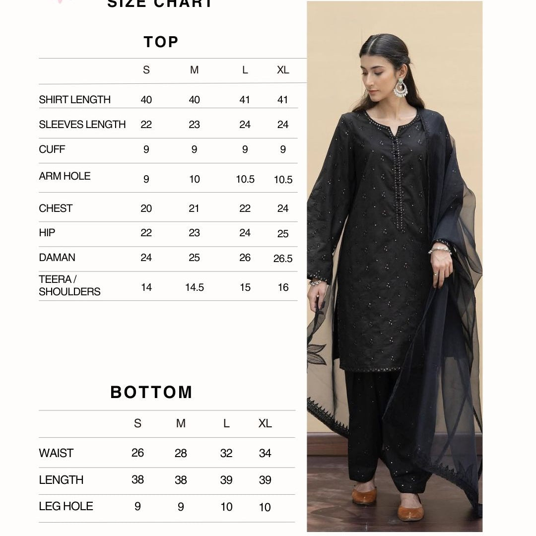 Size Chart for KOYAL | 3-pc Stitched Embroidered Outfit