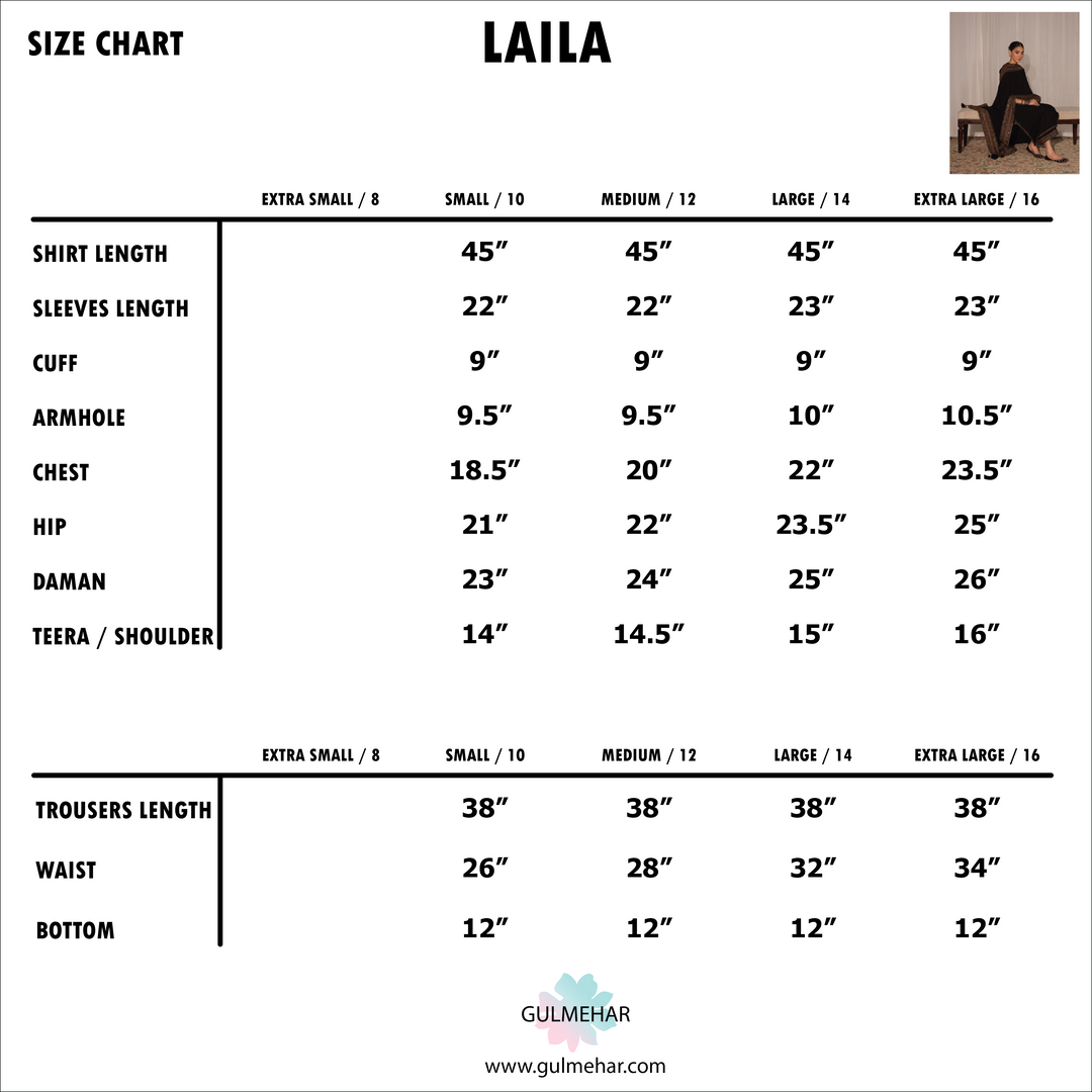 Size Chart for Laila | 3-Pc Stitched Embroidered Outfit