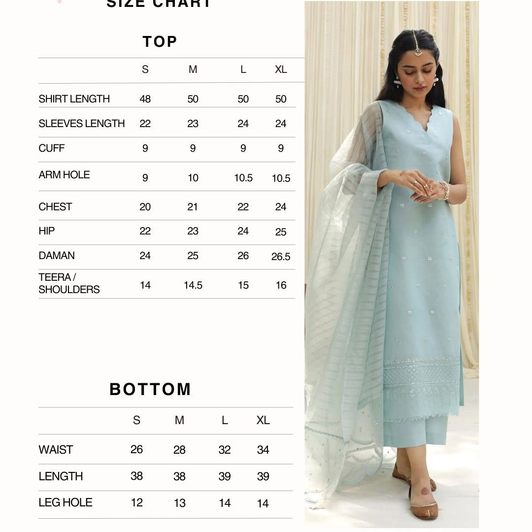 Size Chart for POWDER BLUE | 3-Pc Stitched Embroidered Outfit