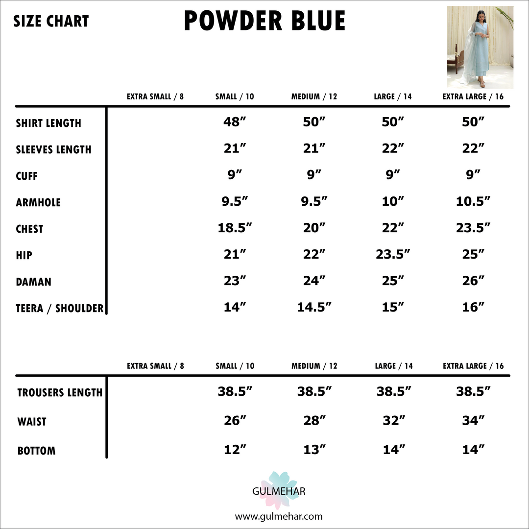 Size Chart for POWDER BLUE | 3-Pc Stitched Embroidered Outfit