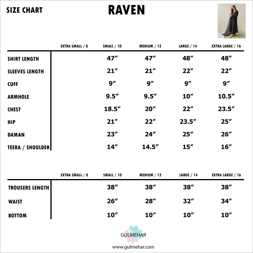 Size Chart for RAVEN | 3-Piece Stitched Suit