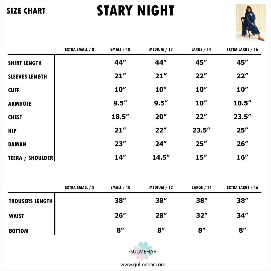 Size Chart for STARY NIGHT | 3-PC Stitched Embroidered Oufit