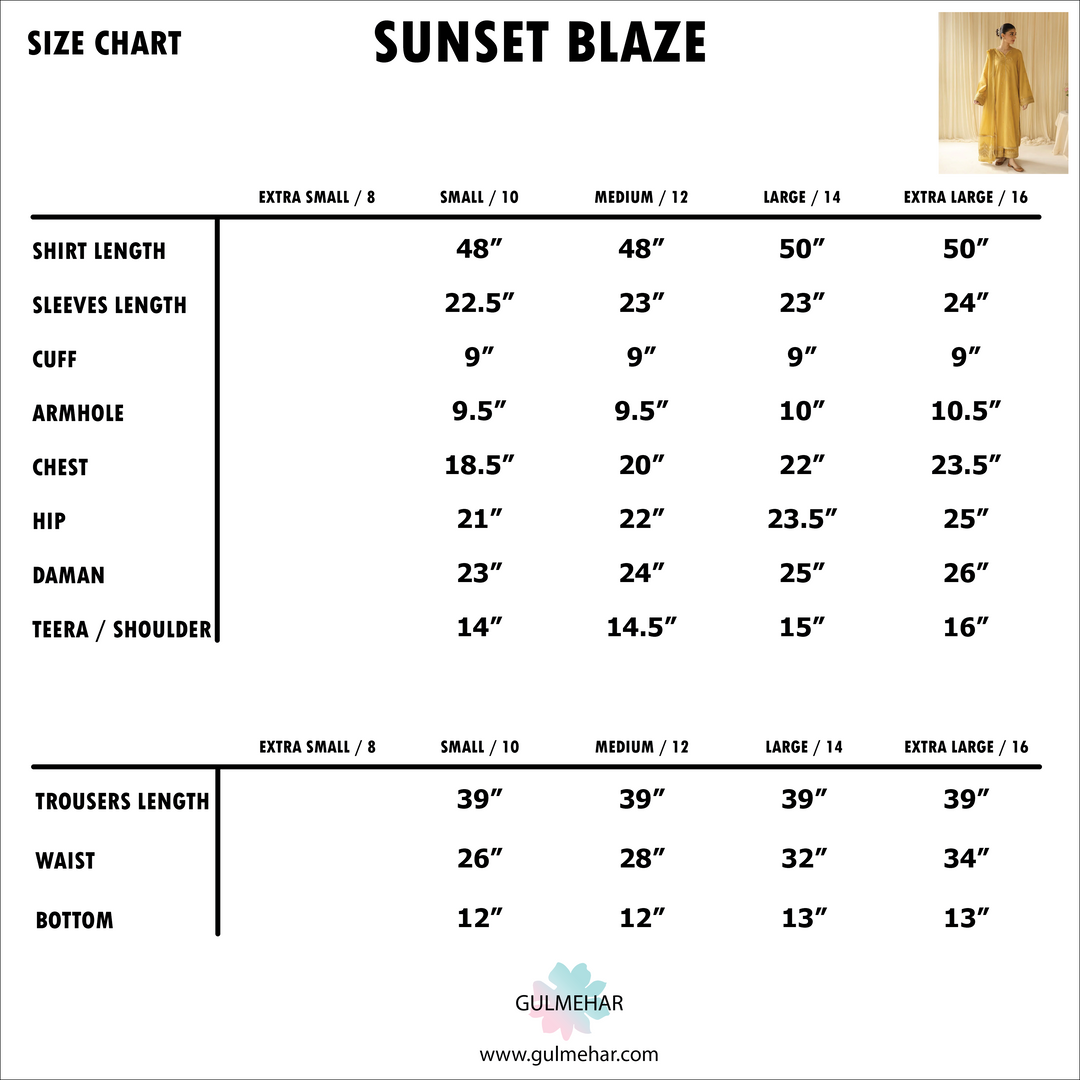 Size Chart for Sunset Blaze | 3-pc stitched Embroidered outfit