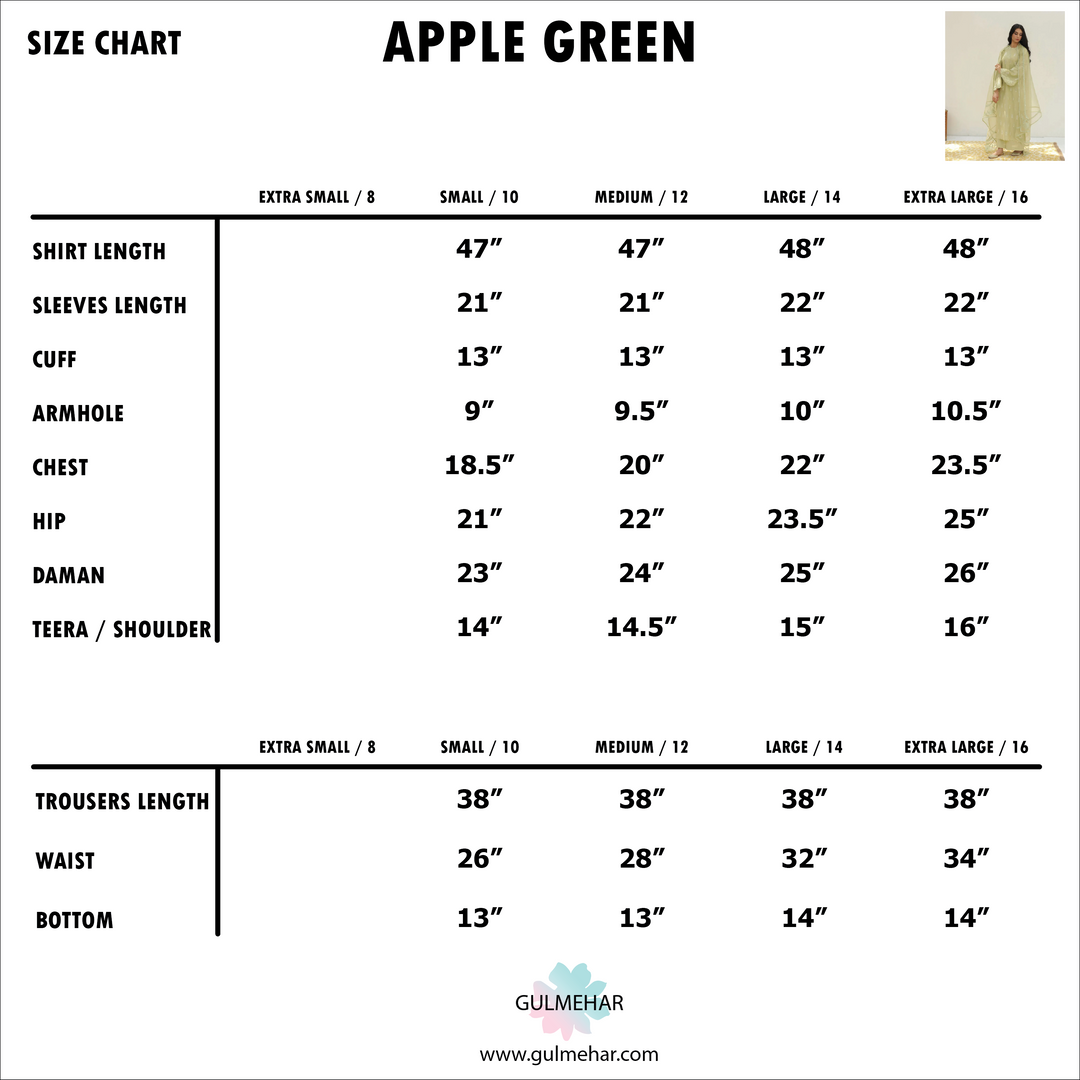 Size Chart for Apple Green | 3-pc Stitched Embroidered Outfit