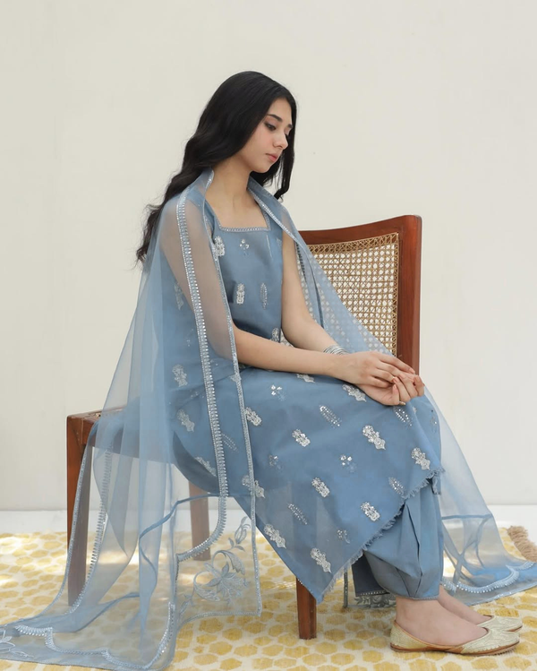 STEEL BLUE | 3-PcStitched Embroidered Outfit
