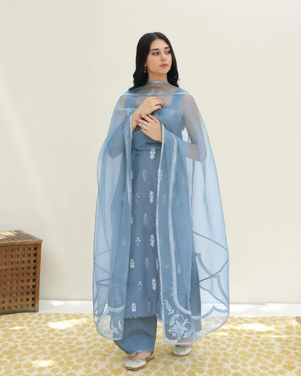 STEEL BLUE | 3-PcStitched Embroidered Outfit