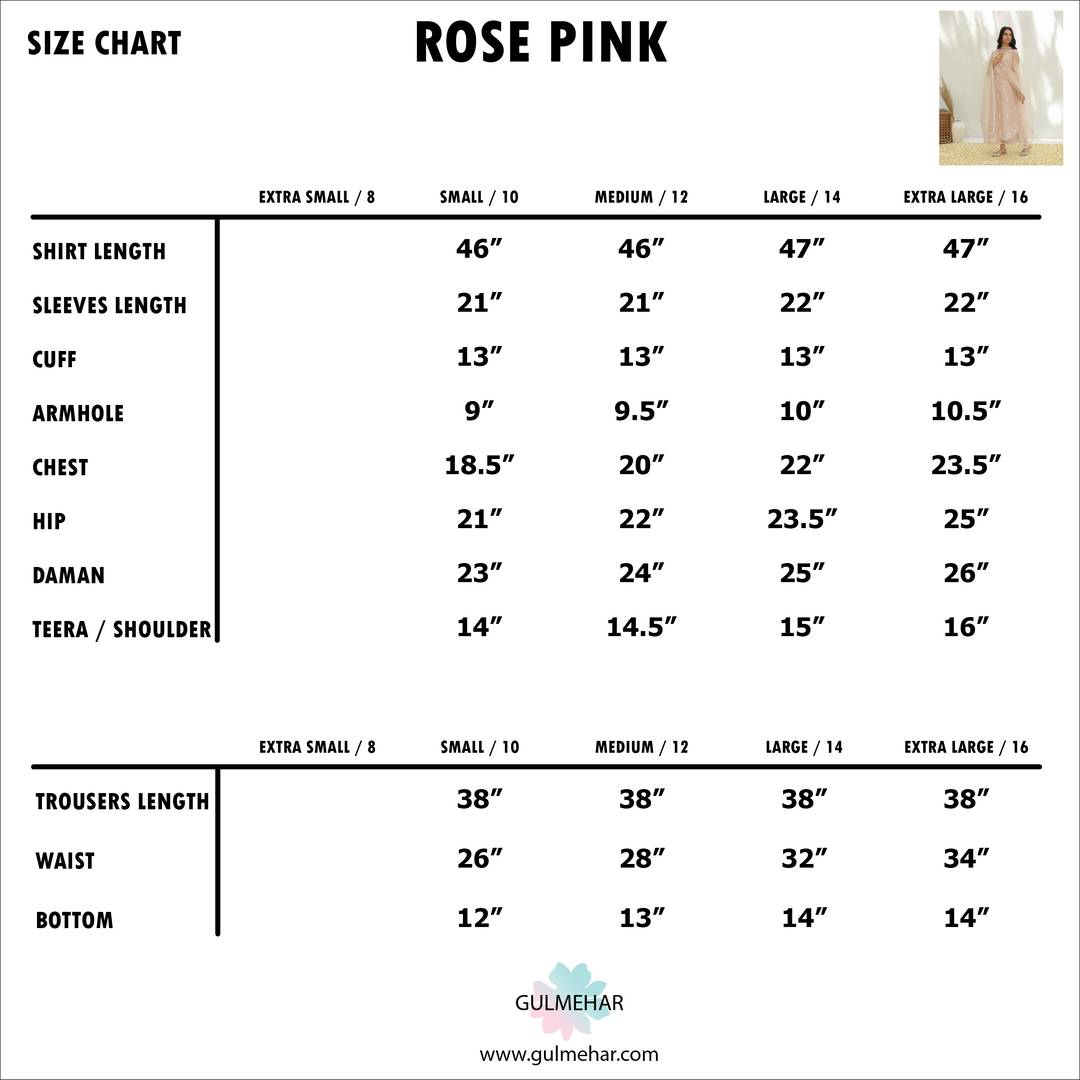 Size Chart for Rose Pink | 3-pc Stitched Embroidered Outfit