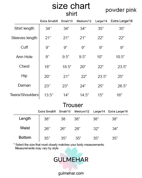 Size Chart for POWDER PINK | 3-piece stitched embroidered outfit